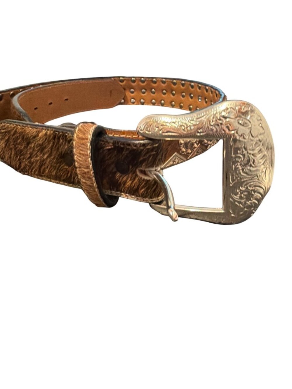 Ranger Belt Company Genuine Leather Hair On Cowhide Belt Silver Concho Sz 36
